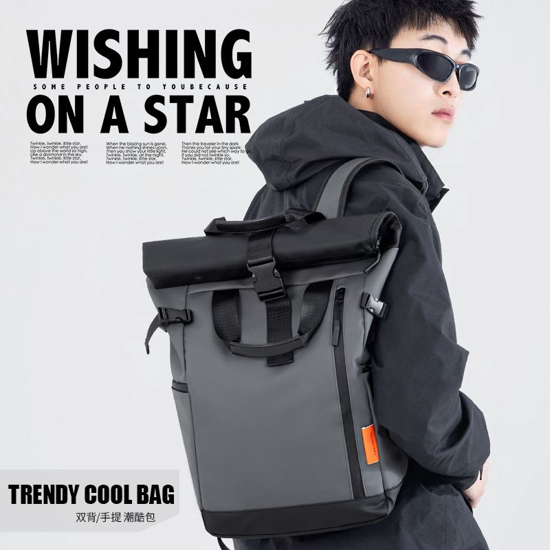 New trendy rolled-up backpack, men's large-capacity student schoolbag, outdoor travel backpack, laptop bag full figure