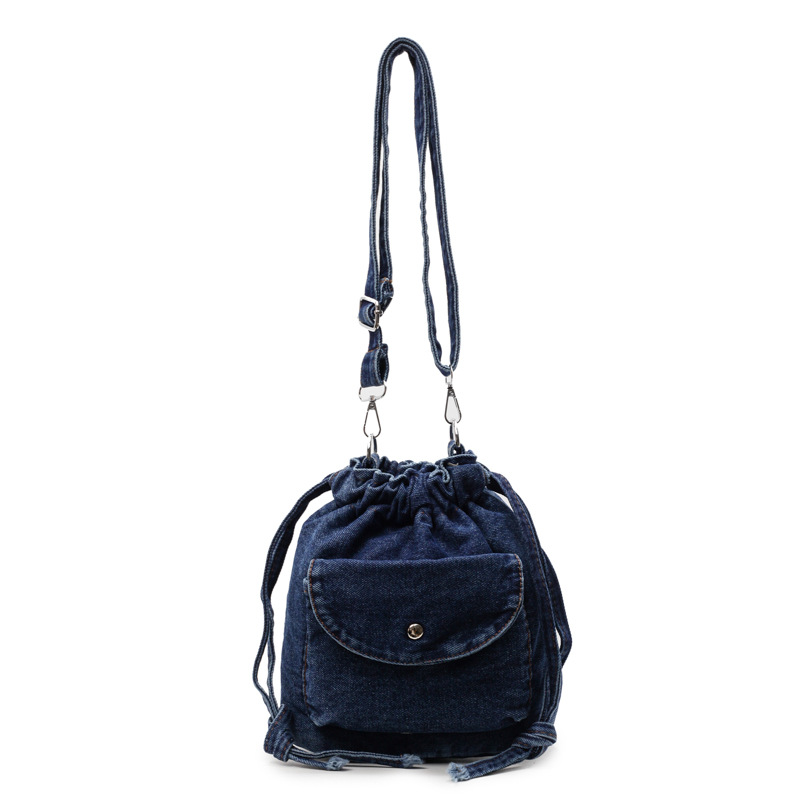 Korean denim bucket bag for women 2025 new style casual summer single-shoulder bag with large capacity, drawstring opening and simple crossbody bag Item Picture