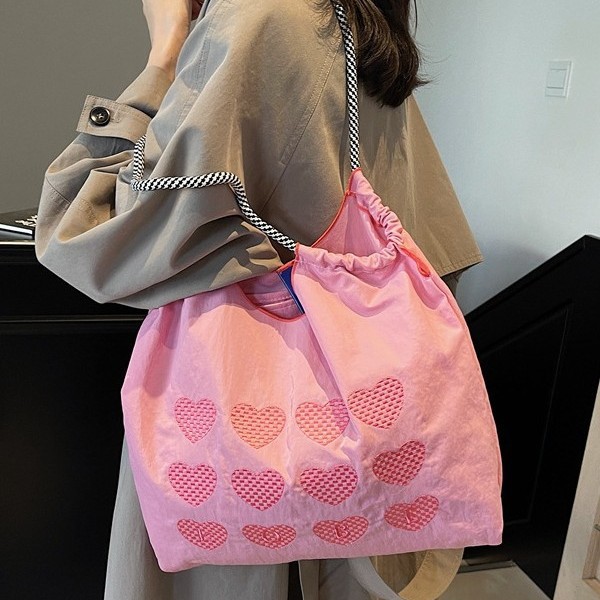 Spring 2025 new nylon embroidered eco-friendly shopping bags, large-capacity single-shoulder tote bags, women's bags, and fresh and clean bags full figure