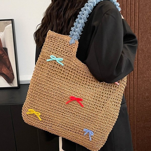 Original hand-woven bags, cute bow beach bags, fashionable and casual single-shoulder straw woven tote bags, vacation style bags Specification drawing