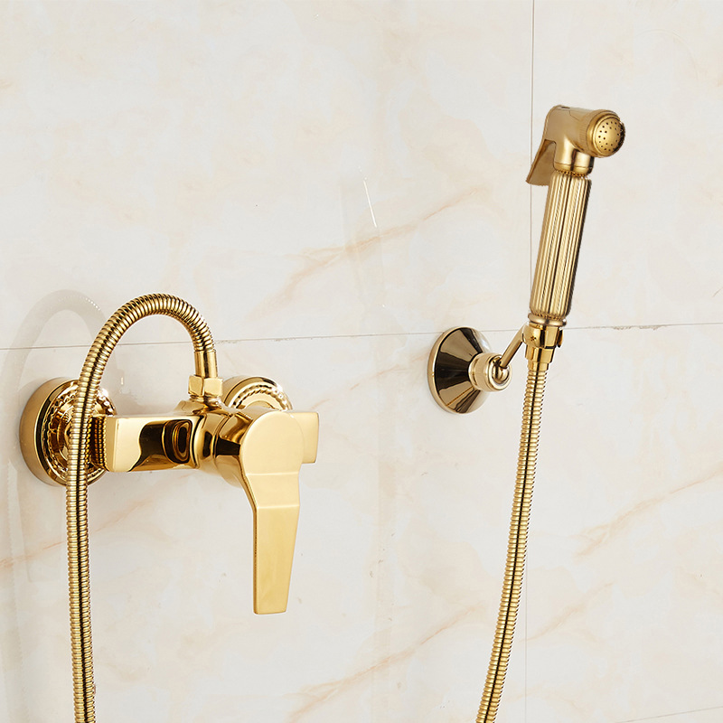 All-copper pressurized golden toilet spray gun, one inlet and two outlets Angle valve, body wash, feminine wash head, shower head, faucet Specification drawing