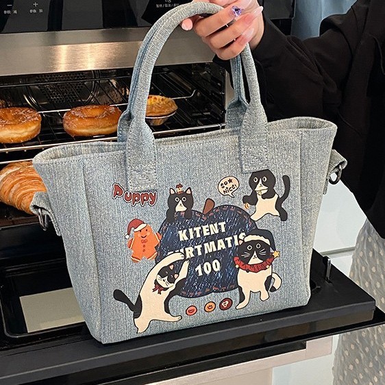 New Japanese-style dog tote bag, cute cartoon denim canvas handbag, student portable lunch box bag handbag full figure