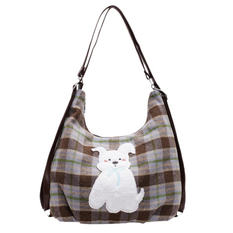 Checkered ins girl checkered puppy tote bag, dirt-resistant autumn and winter single-shoulder bag, casual backpack, internet-famous fabric bag Item Picture