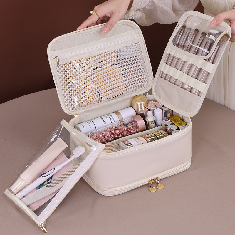 Jewelry one-piece multi-functional large-capacity high-end makeup bag, a niche design double-layer hand-held cosmetics storage bag Specification drawing
