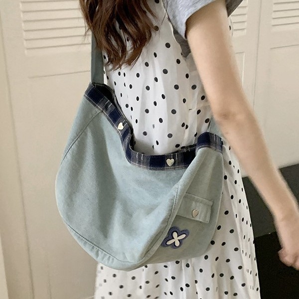 Designed denim canvas bag, Japanese-style simple and retro washed semi-round dumpling bag, female artistic fabric small bag, crossbody bag Specification drawing
