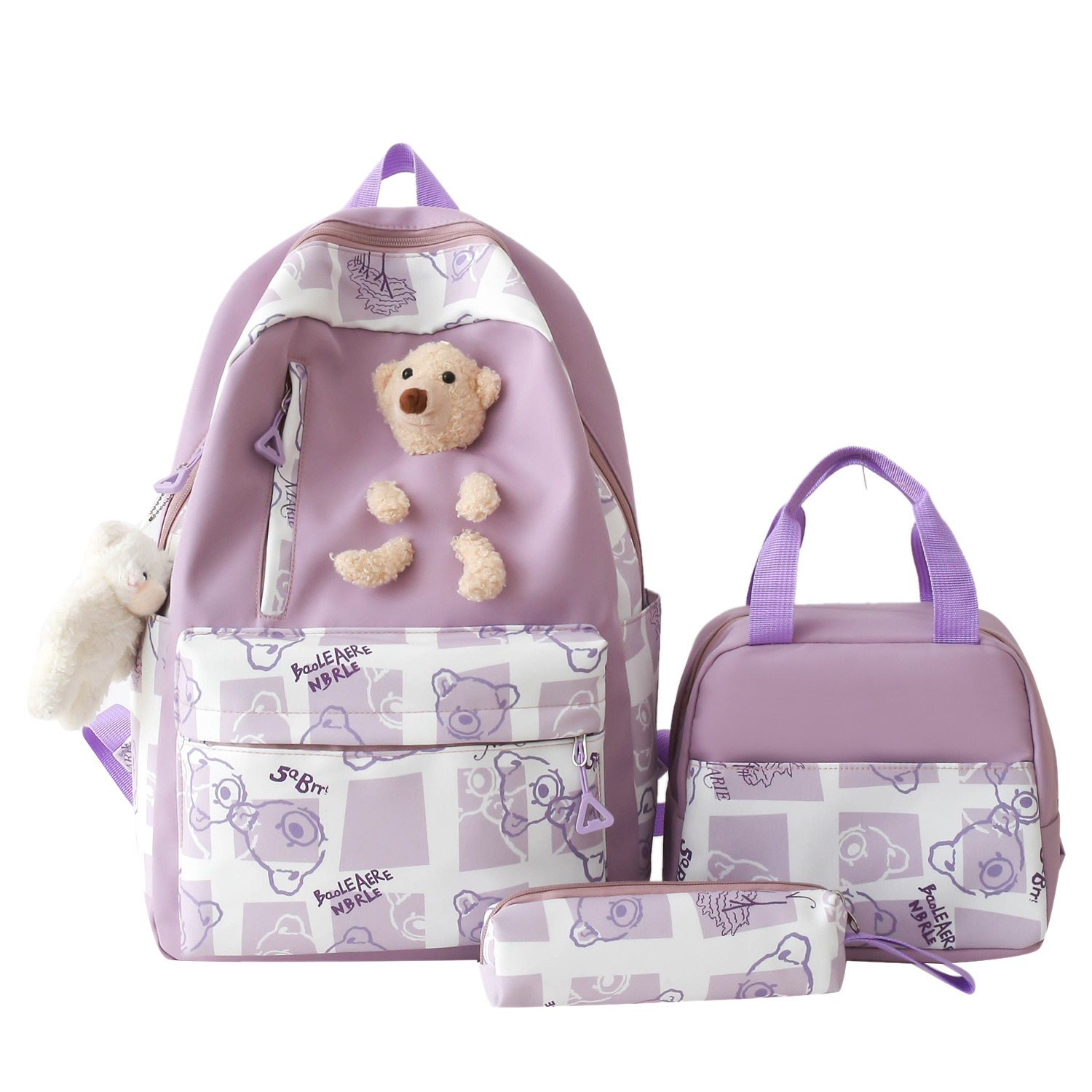 New large-capacity schoolbag for primary and secondary school students, cute little bear backpack for girls, lunch box, three-piece set, travel backpack for cross-border Item Picture