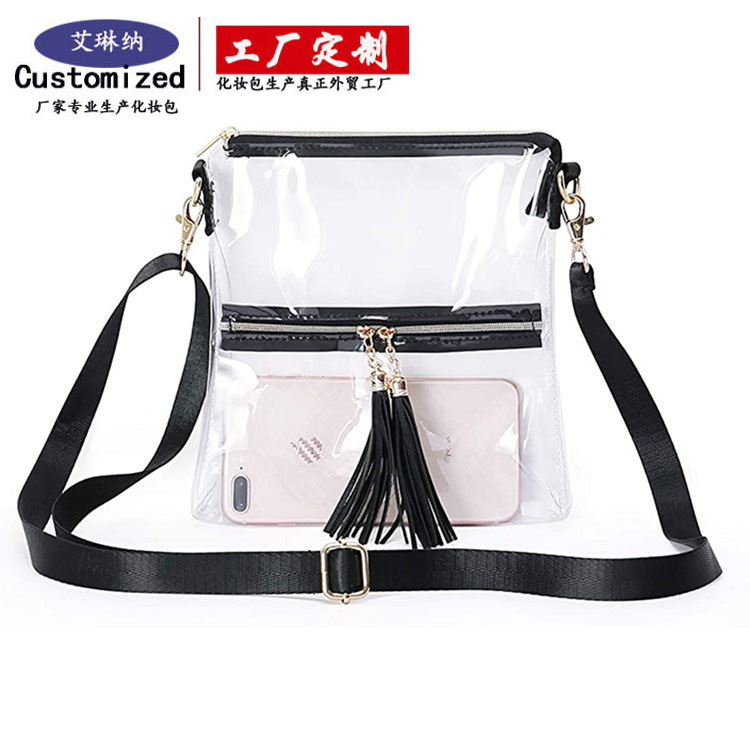 Cross-border transparent tassel small crossbody bag stadium approved front zipper pocket and adjustable shoulder strap processing customization full figure