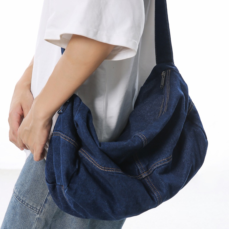 New Japanese-style retro distressed washed denim crossbody bag, women's large-capacity travel bag, casual single-shoulder tote bag details Picture