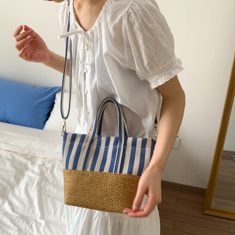 Korean-style casual and artistic large-capacity hand-held tote bag for women, fashionable striped canvas color-blocking versatile single-shoulder crossbody bag Specification drawing