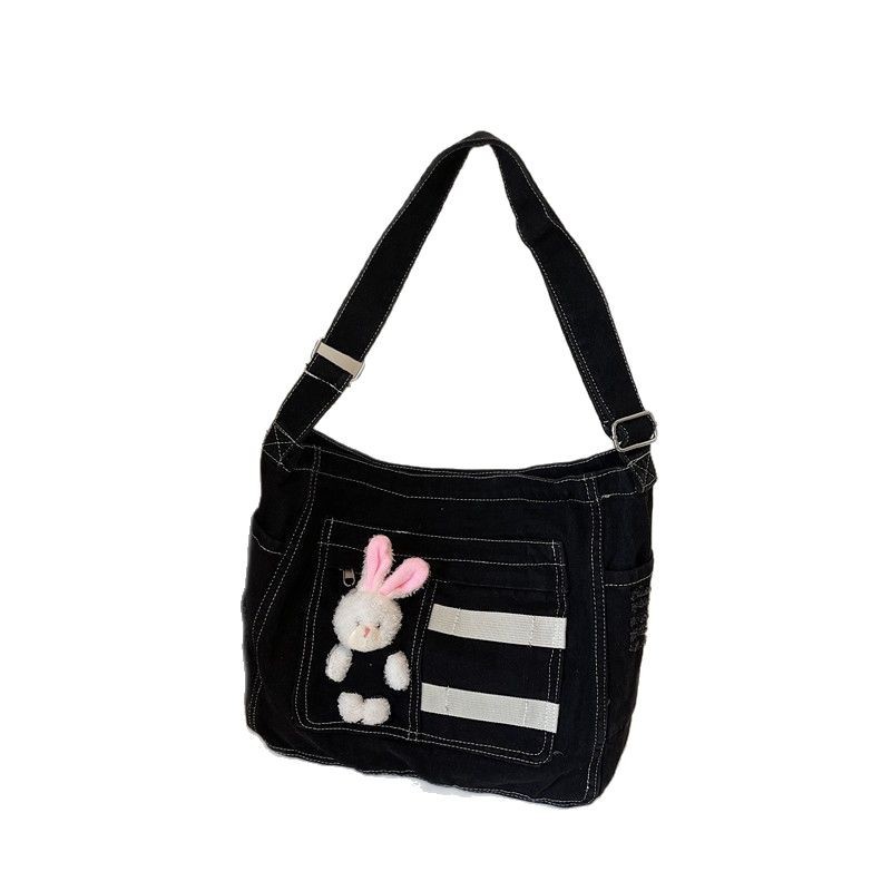 Korean cartoon washed denim bag, single-shoulder crossbody, hand-carry, casual and simple girls' bag, cute student handbag Item Picture