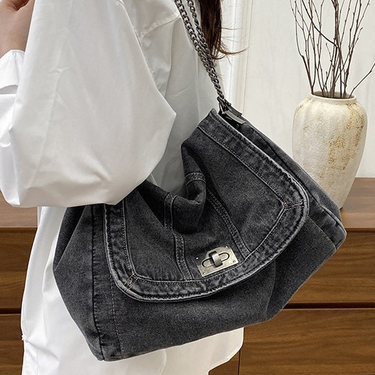 Denim bag for women 2025 Spring/Summer New fashion chain bag, large-capacity tote bag, single-shoulder crossbody bag, cross-border Specification drawing