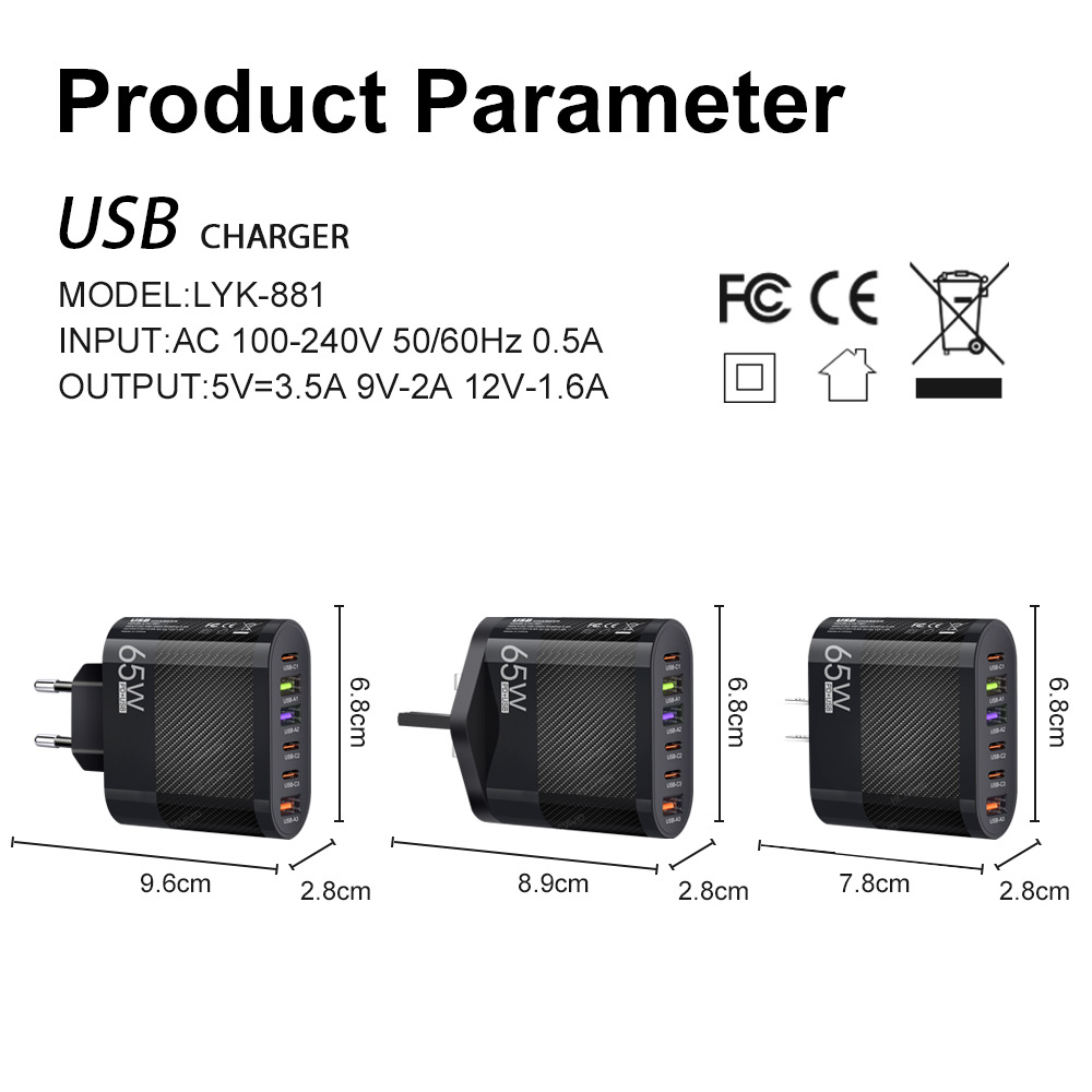 3.5A 3 Type-c+3USB mobile phone charger, multi-interface charging head, European, American and British plugs, cross-border batch Item Picture