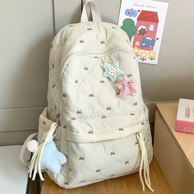 Cute schoolbag, large-capacity backpack, girl's backpack, cotton-padded jacket bag, diamond-shaped embroidered bow, student backpack details Picture