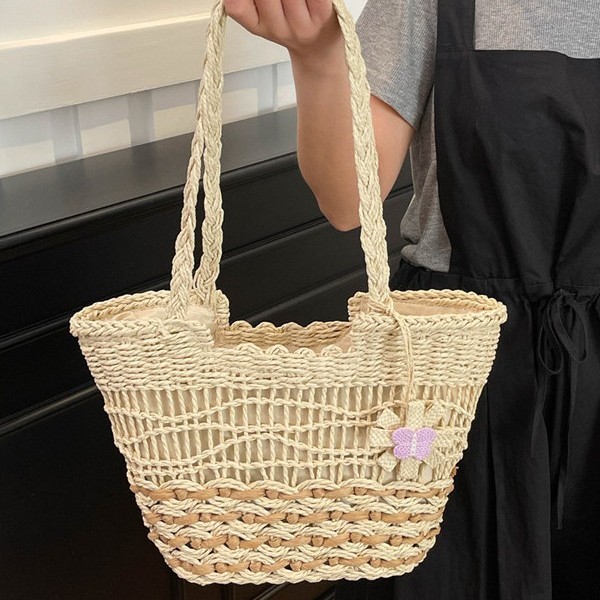 2025 New butterfly flower color-blocking paper rope woven bag, single-shoulder straw woven bag, casual ladies' bag, beach vacation details Picture
