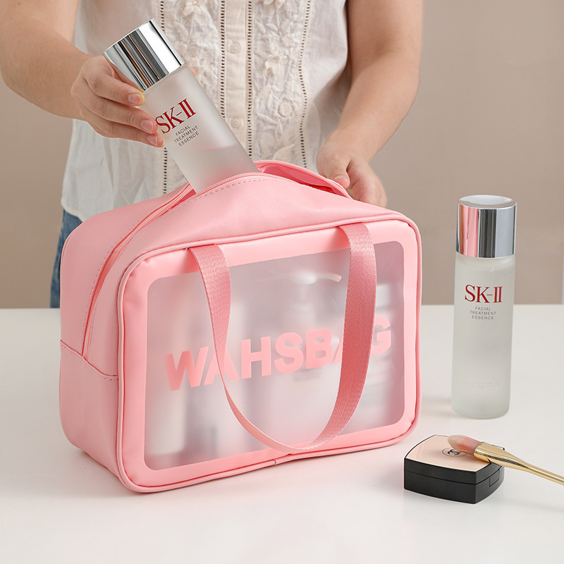 Three-piece matte toiletry bag set, PVC waterproof hand-held, large-capacity business trip and travel makeup and bathroom storage bag Application Scenario