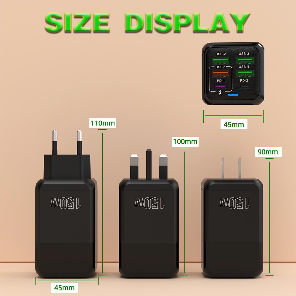 New cross-border product: 150W charging head, 4USB+2PD multi-port fast charging mobile phone charger, 5V2.4A, European, American and British standards details Picture