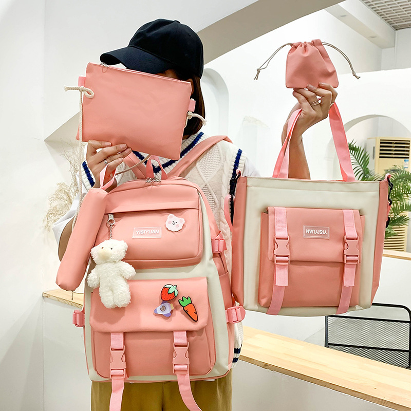 New minimalist backpack for girls, Korean version, large-capacity middle school schoolbag, five-piece set, multi-functional hand-held tutorial bag details Picture
