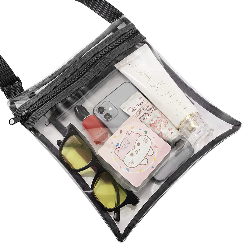 Amazon transparent PVC crossbody bag with adjustable shoulder strap, stadium transparent bag, outdoor travel and sports storage bag Specification drawing