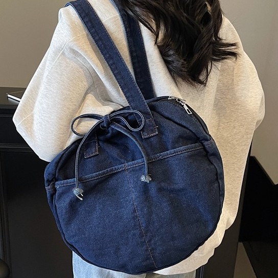 New washed denim single-shoulder bag for casual outings, large capacity, fresh small round bag, lace-up handbag, women's bag full figure