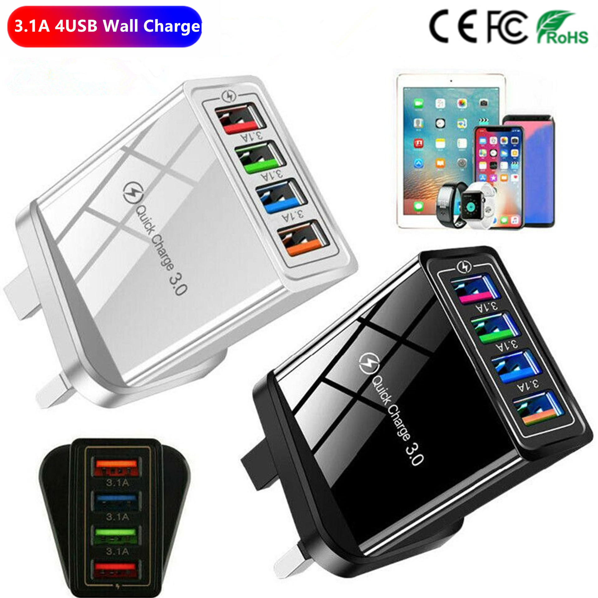 4USB mobile phone charger, UK, European and US standard LED with light color travel charger head, cross-border wholesale full figure