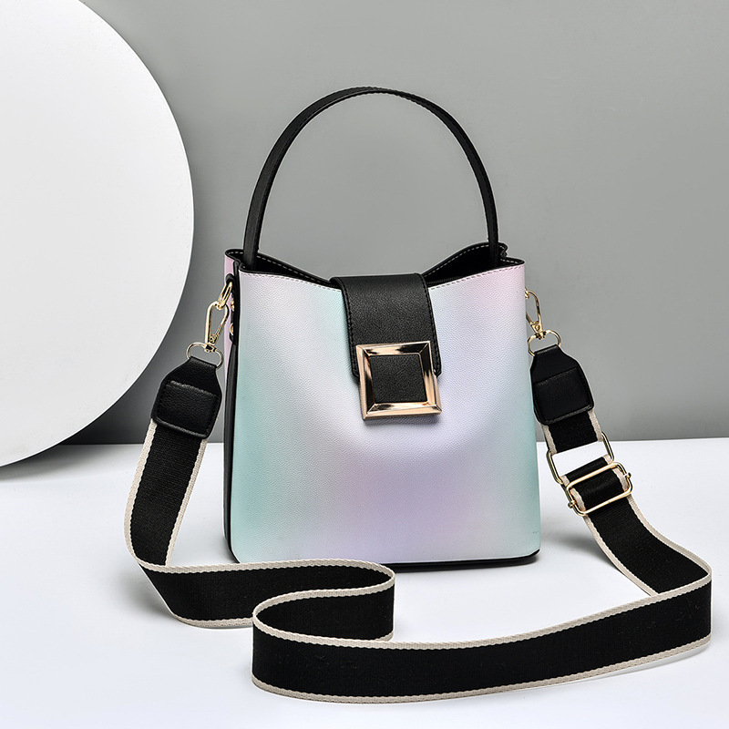 Gradient color bucket bag for women, 2022 new fashion Internet celebrity single-shoulder hand-held crossbody bag, stylish large-capacity women's bag Specification drawing