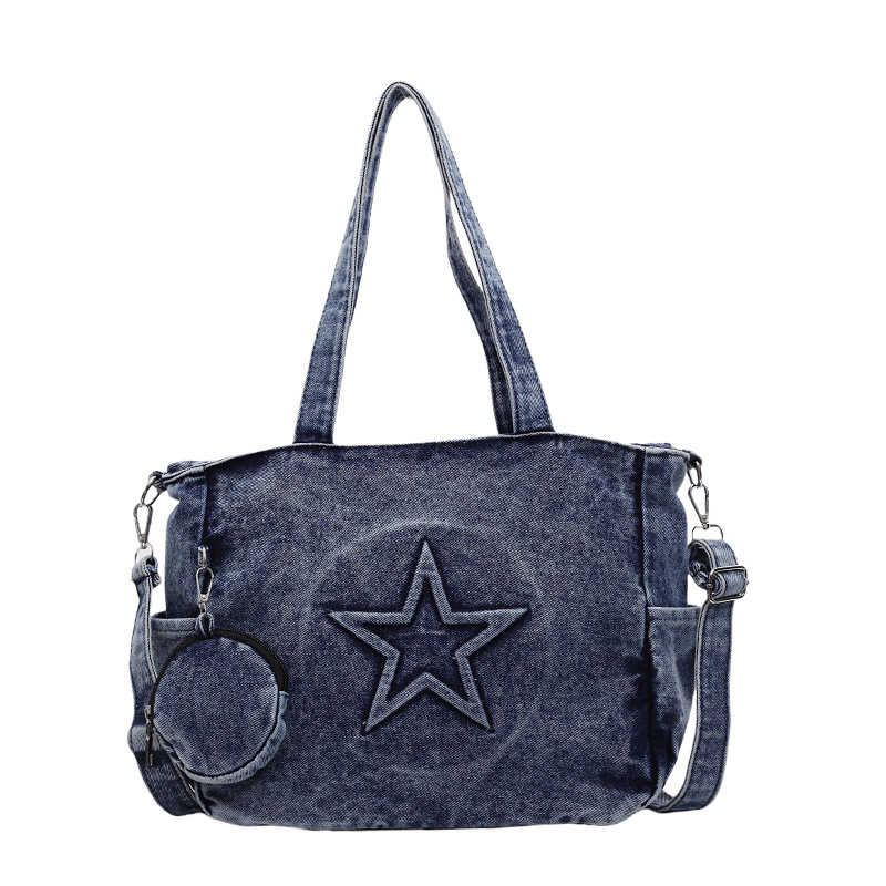 Denim handbag for women, large capacity 2025 new Korean style simple single-shoulder backpack, casual commuting tote bag Item Picture