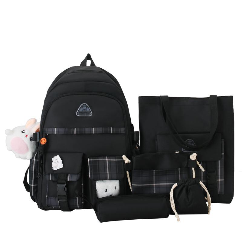 A five-piece schoolbag set with a girlish and fresh vibe for middle school students, a fashionable checked large-capacity backpack, and a handbag for girls' after-school tutoring Item Picture