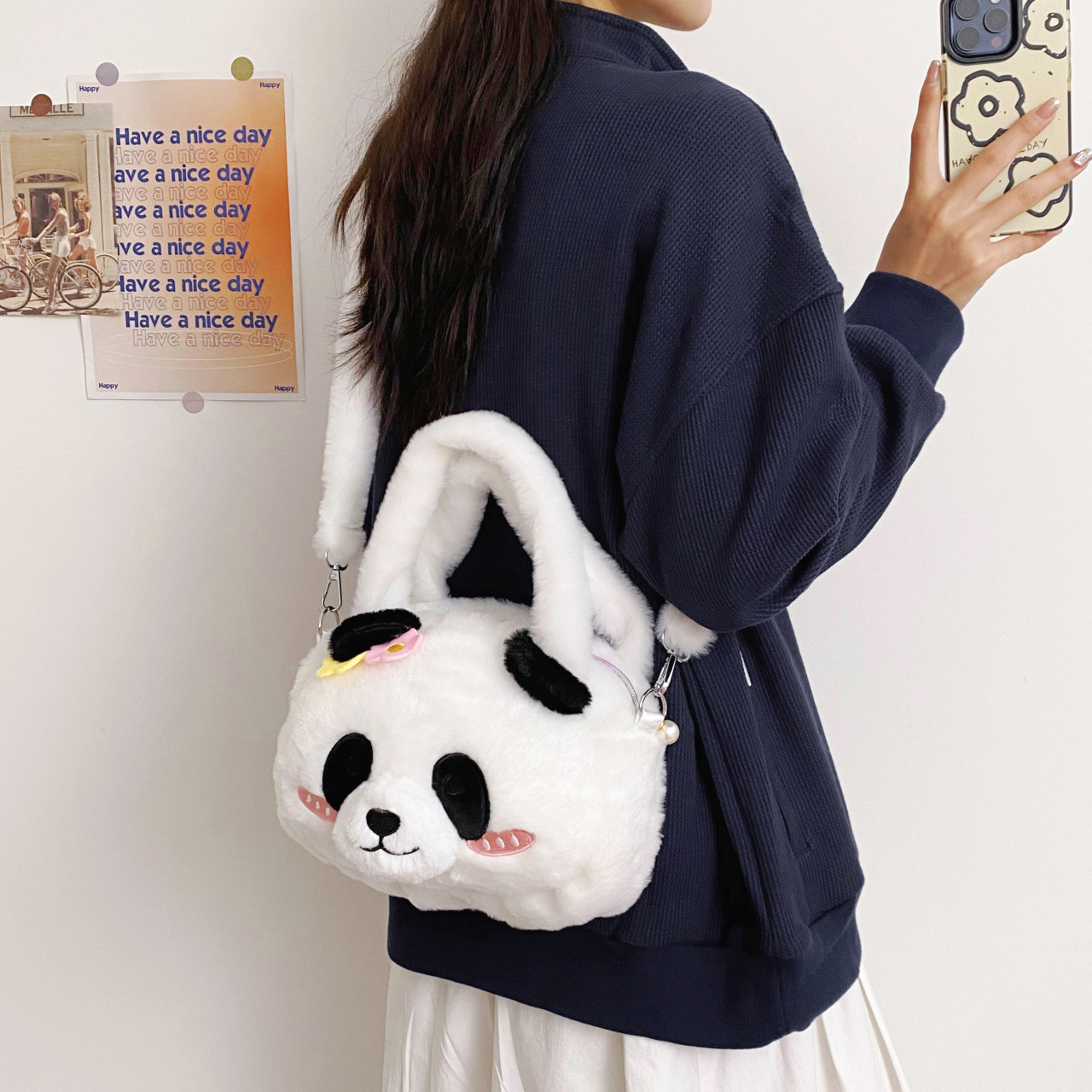New cute panda doll crossbody bag, new flower panda doll plush bag, children's versatile claw machine doll Application Scenario