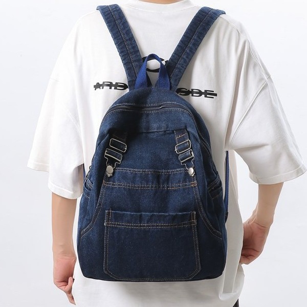 Japanese-style denim backpack for women, large-capacity schoolbag, simple solid color, stylish casual travel backpack full figure