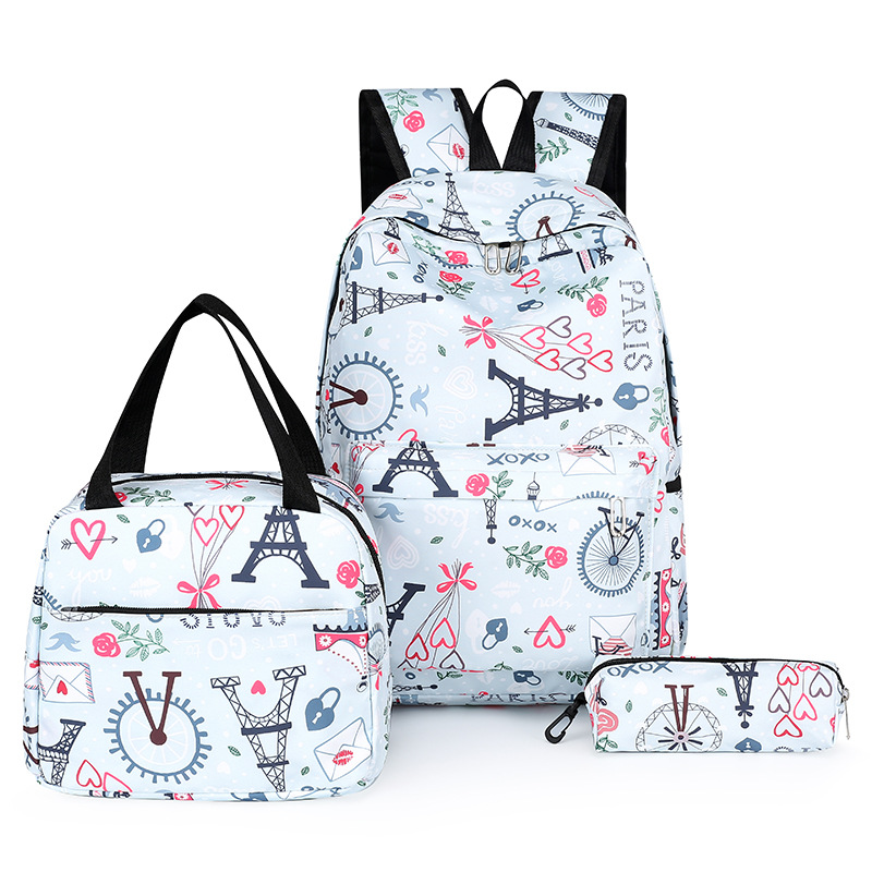 Three-piece set of student backpacks, Korean-style fashionable and casual printed backpack, large-capacity computer bag, college student schoolbag Specification drawing