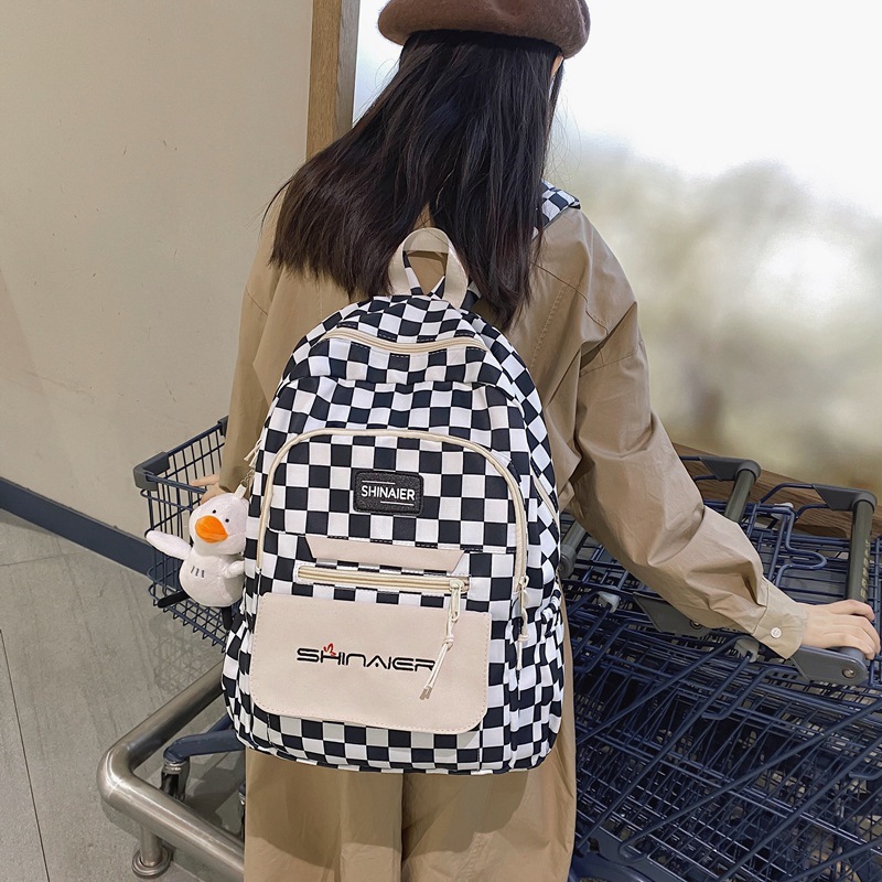 New autumn and winter ins checkerboard backpack for girls, Korean version for junior and senior high school students, large-capacity Haraju-style backpack Specification drawing