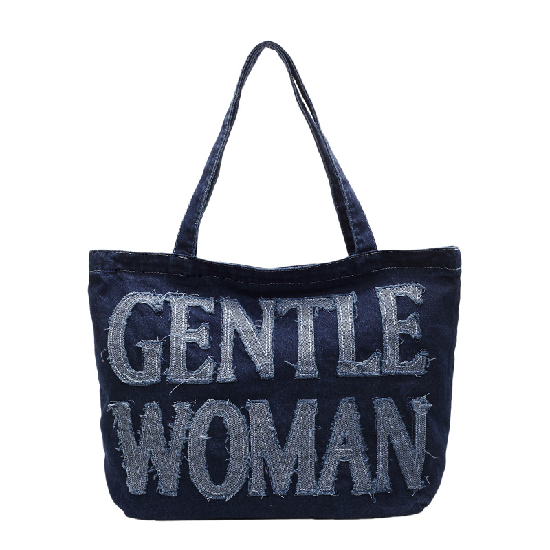 Fashionable and versatile hand-held denim tote bag with fabric fringes and letters, large-capacity single-shoulder bag, casual and cool Item Picture