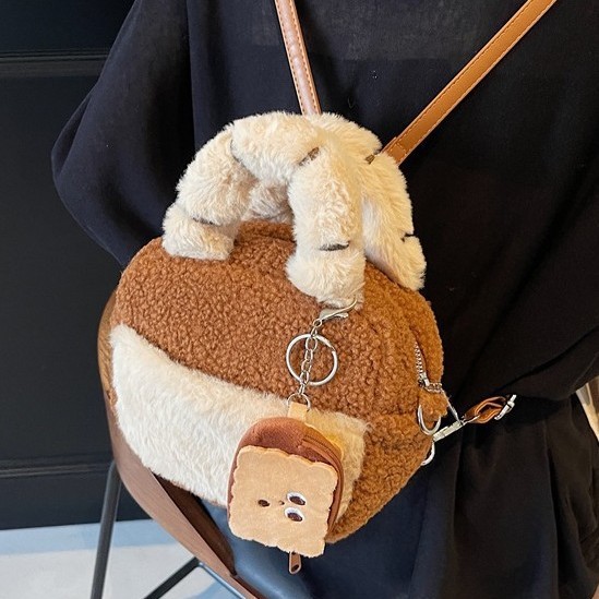 Cute cake-shaped autumn and winter small bags, plush bags, niche design, color-blocking hand-held crossbody bags and backpacks details Picture