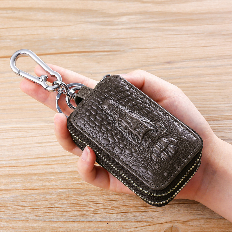 Crocodile-patterned Lu men's car key bag, waist hanging mini key protection case, universal high-end zipper, genuine leather solid color Specification drawing