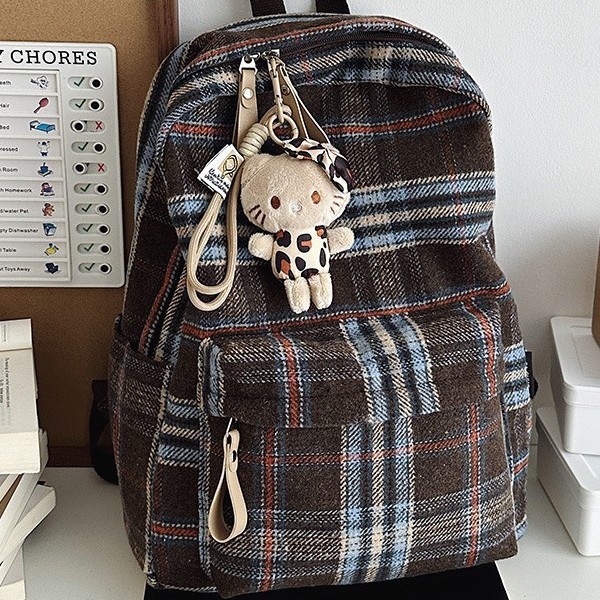 The new autumn and winter backpack is cute. It's a large-capacity backpack with a woolen checkered pattern design Application Scenario