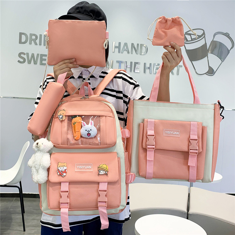 New five-piece canvas student backpack for girls, Korean version Harajuku large-capacity campus backpack, cross-border wholesale details Picture