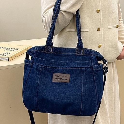 Artistic style double magnetic buckle single-shoulder bag, fabric bag, artistic Korean-style niche large bag, single-shoulder bag, denim crossbody bag full figure