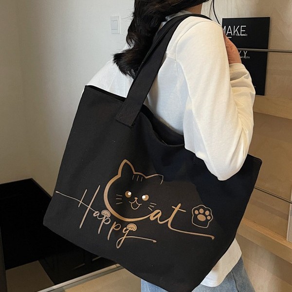 Cute cat-printed large-capacity, simple and fashionable schoolbag, fashionable and individual hand-held shoulder new class bag Specification drawing