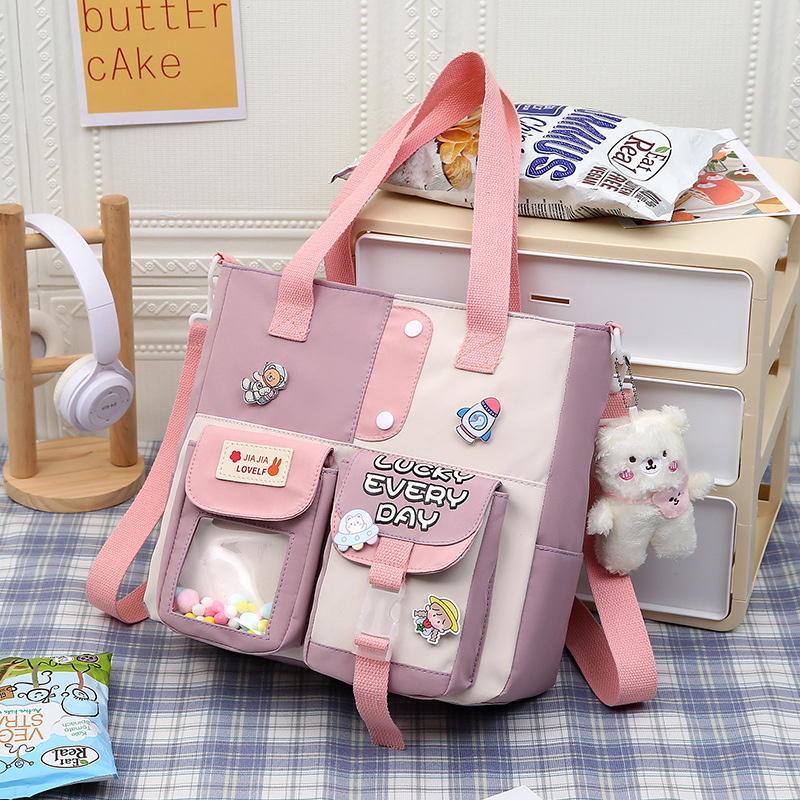 Large-capacity junior high school class bag, single-shoulder tote bag, ins fresh and trendy school style, sweet crossbody bag details Picture