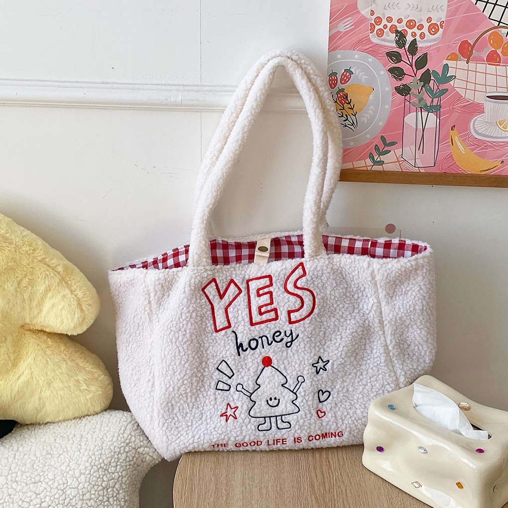Autumn and winter Lamb plush tote bag for women 2024 New style, cute large-capacity single-shoulder bag, versatile for commuting to school full figure