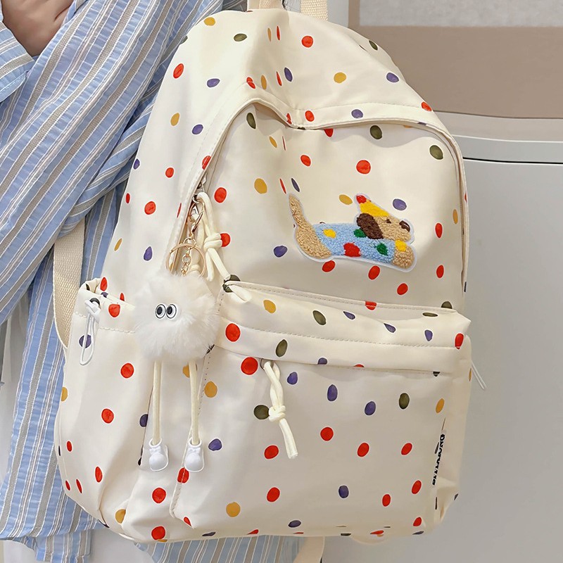 New cute puppy colorful polka dot student lightweight, trendy and versatile backpack with large capacity, reducing burden and protecting the spine full figure