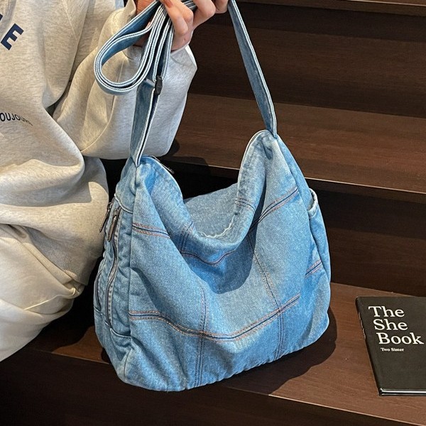New Japanese and Korean ins minimalist denim bag, single-shoulder bag, crossbody bag, fabric bag, student large-capacity women's bag, tote bag details Picture