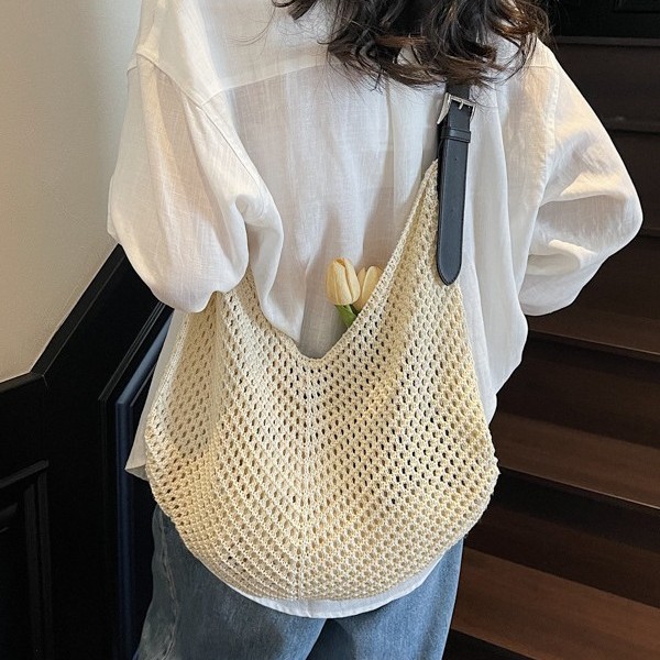 Women's casual large-capacity single-shoulder woven bag, new Spring/Summer 2025 hollowed-out tote bag, beach vacation bag for women Specification drawing