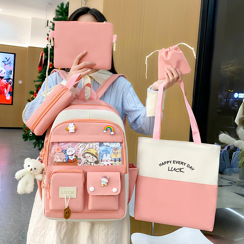 The manufacturer's new trendy five-piece schoolbag set for girls, a color-matched backpack for primary and secondary school students, a high-appearance-level, dirt-resistant backpack for cross-border use Application Scenario