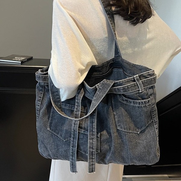 Single-shoulder bag washed double tote bag, casual design sense, shoulder bag with strap, ins fabric bag, versatile, trendy denim details Picture