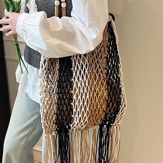 New straw woven bag, cotton rope handbag, cross-cut hollowed-out women's bag, beach bag, single-shoulder fashionable hollowed-out tassel underarm bag full figure