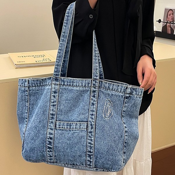 Cross-border large-capacity denim bag, women's lightweight and versatile shopping bag, student class tutorial bag, tote bag, single-shoulder bag full figure