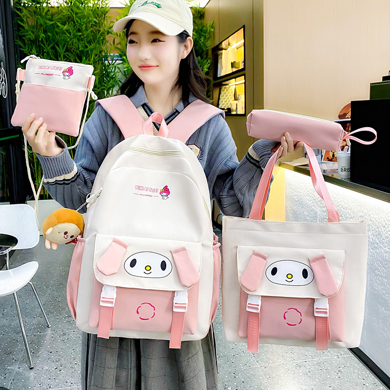 New cartoon cute student schoolbag four-piece set, trendy and fashionable color-blocking backpack, large-capacity casual backpack for women Specification drawing
