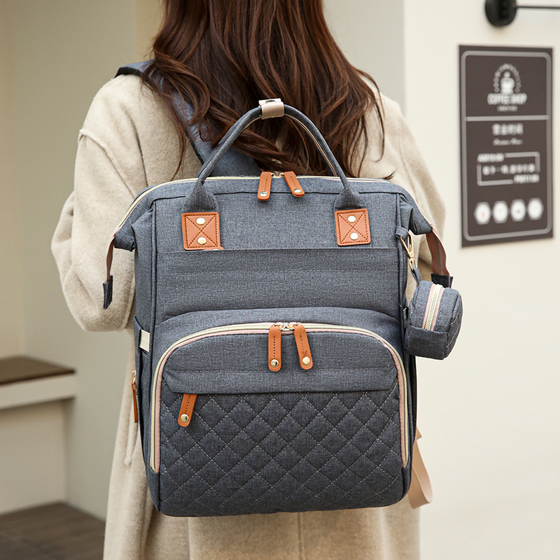 Mummy Bag with dry and wet separation, lightweight shoulder for going out, baby milk storage bag, retro multi-functional bed bag with baby stroller hanging full figure