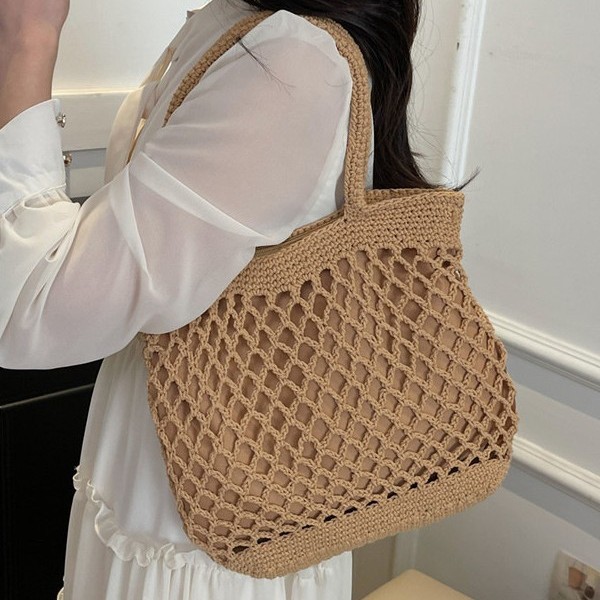 Korean-style ins hollowed-out woven bag, artistic and casual single-shoulder bag, large-capacity cotton thread bag, retro bucket bag, beach bag Specification drawing